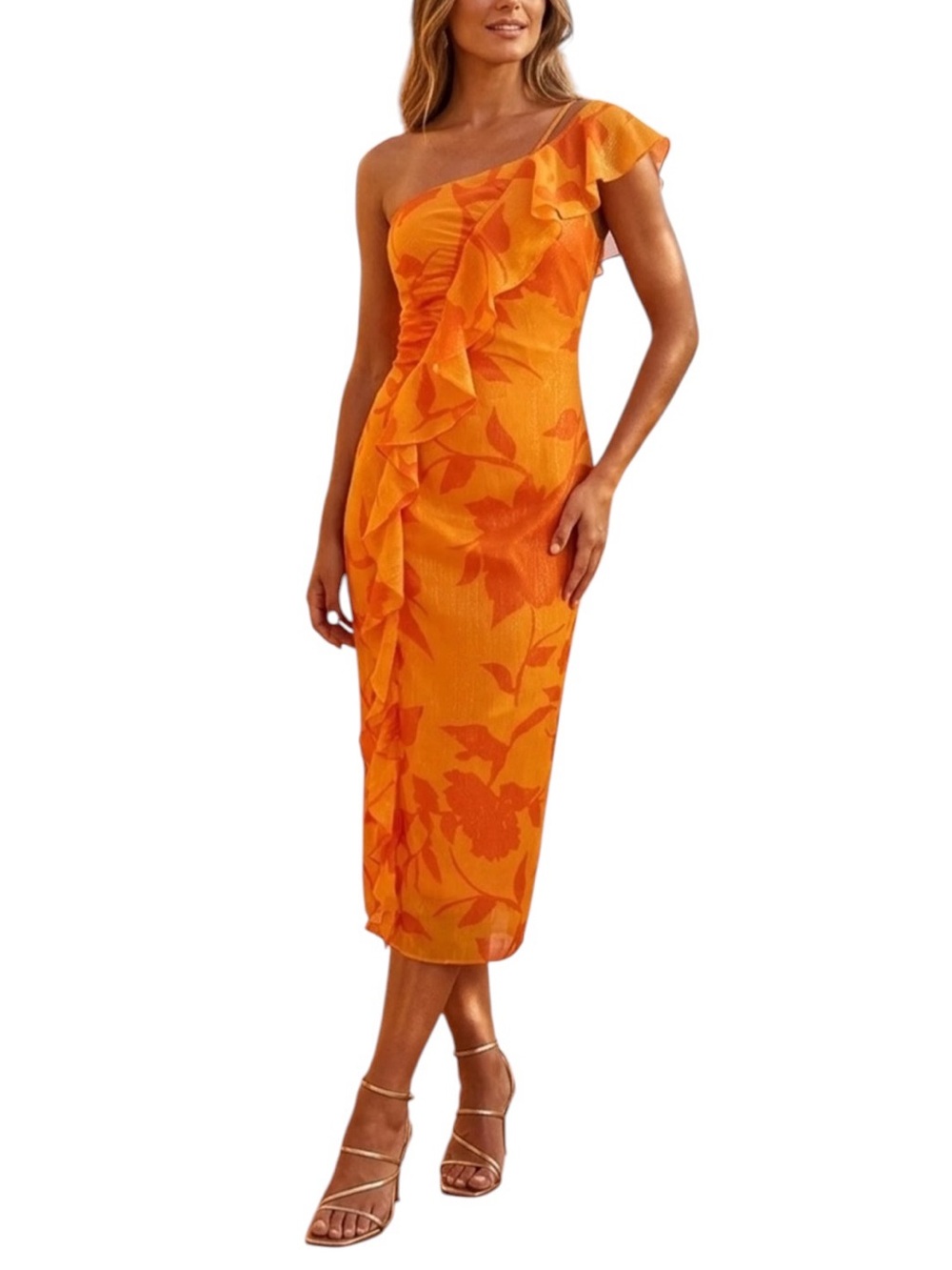 TAYLOR One-Shoulder Ruffle Ruched Floral Midi Dress size 8